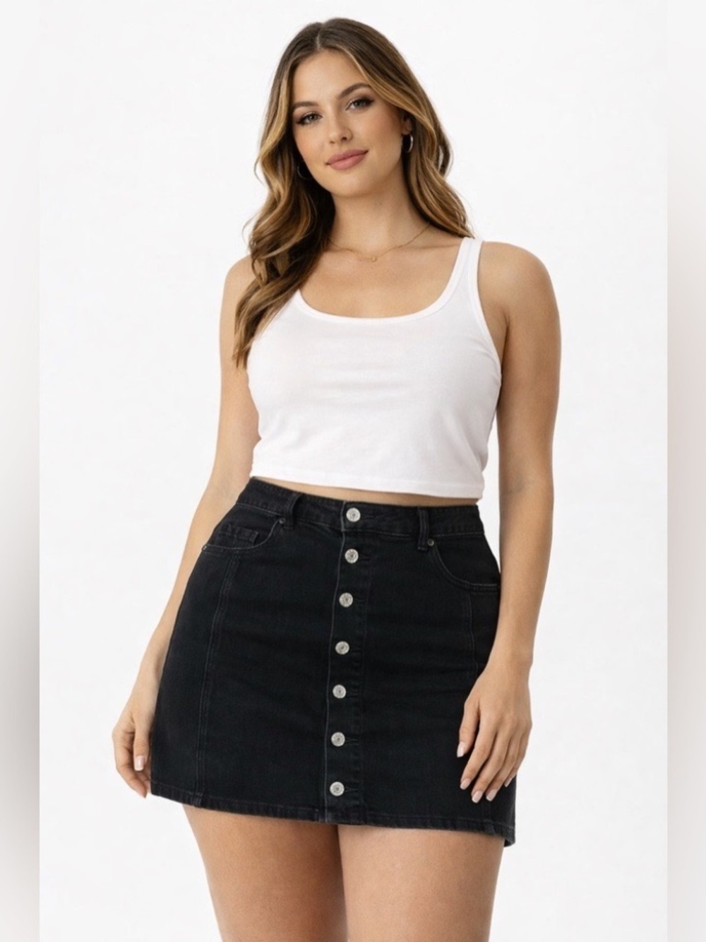 American Eagle Hi-Rise A-Line Button Front Jean Denim Skirt Size 16 Black